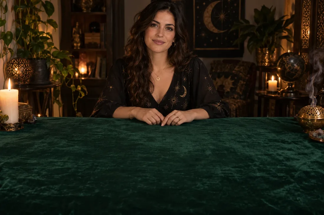 Alma, personaje virtual de Siente Tarot, en su mesa de consulta